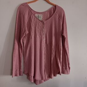 Saturday Sunday Womens Thermal Waffle Henley Contrast Knit Rose Pink M